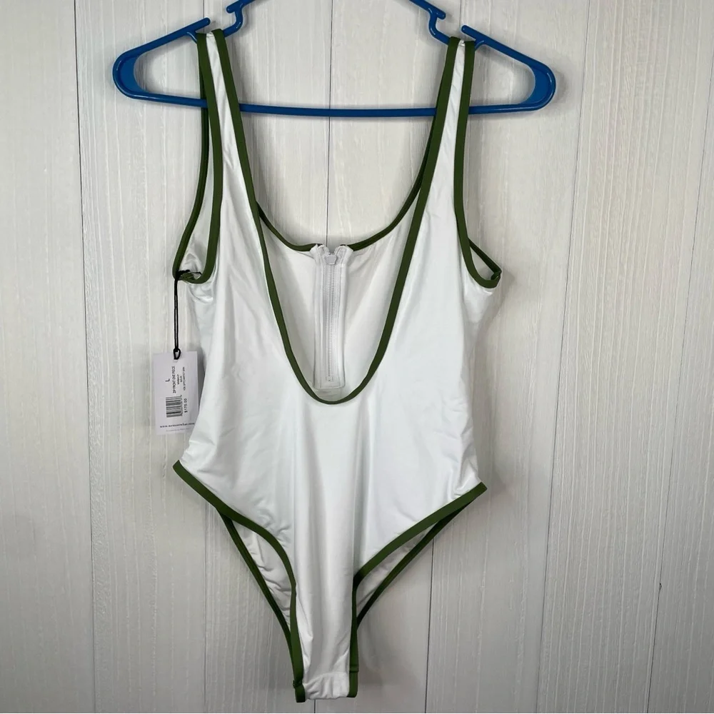 WeWoreWhat Zip Front One Piece Swimsuit - White/Green - Picture 5 of 9